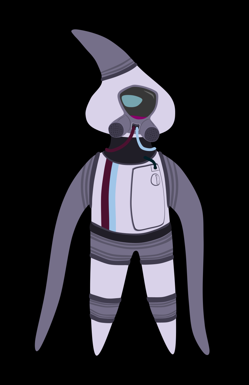 A Firime wearing spacesuit-like clothing. The headpiece has a round, transparent viewing window, and a gas mask-like impliment, with two tubes coming out and going to the back area. The torso piece has a plate with a tube leading to the neck, and a dial. The hips, knees, tip of the head, and arms are a blue-grey with darker stripes, the tubes from the head impliment are a maroon and pale blue, the neck is a dark blue-grey, and the rest is white, with two vertical stripes on the torso, the same color as the tubes.